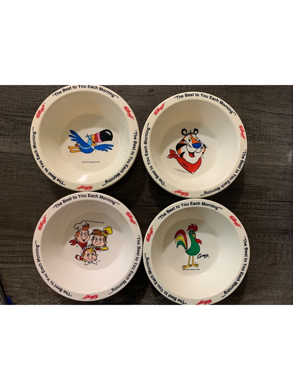 Vintage 1995 Kelloggs Cereal Bowls 4 Pc Set Tony Corn Flakes Snap Crackle Sam
